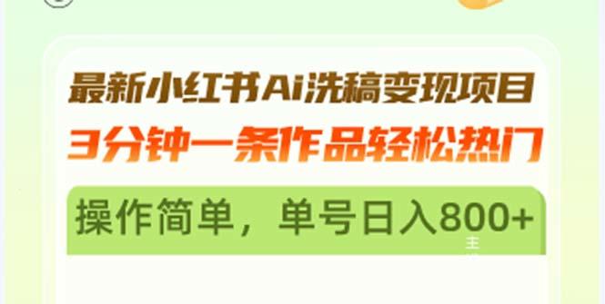 （13182期）最新小红书Ai洗稿变现项目 3分钟一条作品轻松热门 操作简单，单号日入800+-星仔副业